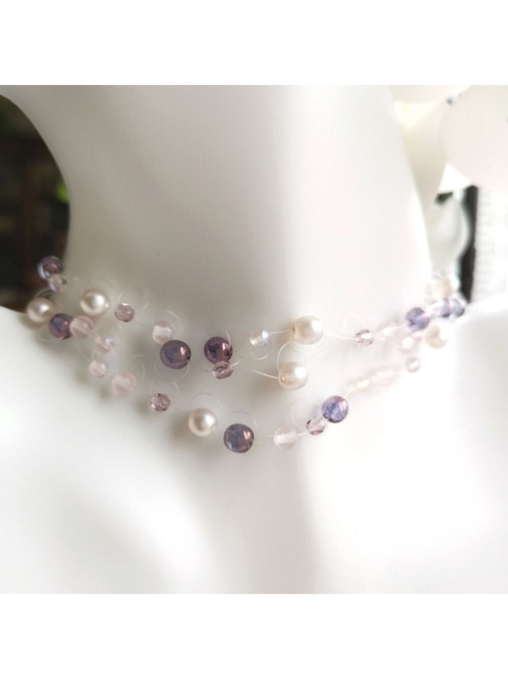 Pink Crystal and Lavender Pearl Illusion Necklace - Picture 2 of 4